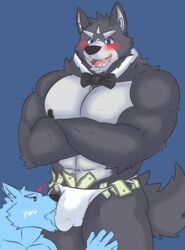 adastra adastra_(series) amicus_(adastra) anthro canid canine canis domestic_dog duo echo_project frankescobarx furry hi_res hybrid male male/male mammal muscular muscular_anthro muscular_male nipples pecs stripper thirsty video_games