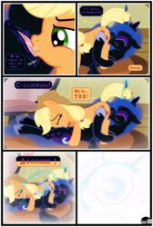 69_position absurd_res alicorn anus applejack_(mlp) blonde_hair blue_eyes blue_hair bodily_fluids clitoral clitoral_sucking clitoris close-up closed_eyes clothing comic cosmic_hair cowboy_hat cunnilingus cutie_mark dialogue duo earth_pony english_text equid equine ethereal_hair feathered_wings feathers female female/female feral feral_on_feral freckles friendship_is_magic genital_fluids genitals green_eyes gutovi-kun hair hasbro hat headgear headwear hi_res horn horn_fetish horn_play horn_sex hornjob horse lying magic mammal my_little_pony nightmare_moon_(mlp) on_back oral page_8 page_number pony princess_luna_(mlp) pussy pussy_juice sex vaginal_penetration wing_boner wings