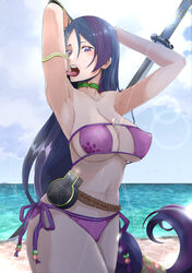 1girls armlet armpits arms_up bangs beach beads bikini breasts choker commentary_request cowboy_shot eyepatch_bikini fate/grand_order fate_(series) female female_only hair_between_eyes highres large_breasts licking licking_armpit licking_own_armpit long_hair looking_at_viewer low-tied_long_hair midriff minamoto_no_raikou_(fate) minamoto_no_raikou_(swimsuit_lancer)_(fate) navel okashizuru parted_bangs partial_commentary purple_bikini purple_eyes purple_hair side-tie_bikini solo standing strapless strapless_bikini swimsuit sword tongue tongue_out very_long_hair water weapon