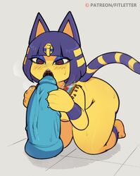 <3_eyes animal_crossing ankha ankha_(animal_crossing) anthro bodily_fluids breasts dildo dildo_lick domestic_cat felid feline felis female fitletter heart hi_res kneeling licking mammal nintendo nude open_mouth paws sex_toy simple_background solo sweat tongue tongue_out video_games