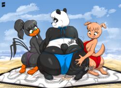 3girls anthro ass ass_cleavage ass_grab ass_slap ass_to_ass beach bear big_ass big_butt bikini bubble_butt butt_crack chubby clothing duck female female_only fur furry furry_only giant_panda hi_res huge_ass joaoppereiraus looking_at_ass looking_back panda panties selma_(joaoppereiraus) shirley_(joaoppereiraus) sueli_(joaoppereiraus) swimsuit tail thick_thighs tongue tongue_out towel trio