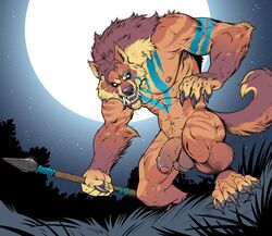 1boy 2021 abs anthro armpit_hair badcoyote ball_tuft balls ballsack bara biceps body_fur brown_body brown_fur brown_hair canine claws crouching facial_hair fangs finger_claws foreskin full_moon genitals grass hi_res holding_object holding_spear holding_weapon humanoid_genitalia humanoid_penis intact looking_at_viewer male male_nipples male_only male_pubic_hair mammal mane mane_hair markings masculine mature_male melee_weapon moon muscular muscular_anthro muscular_male neck_ruff night night_sky nipples nude nude_male outside partially_retracted_foreskin pecs penis plant polearm pubes quads scrotum semi-erect shaggy_fur sideburns sky solo spear star testicles toe_claws triceps tuft uncut vein veiny_penis weapon were werecanid werecanine werewolf white_eyes wolf