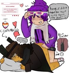 brighteyes brighteyes_(forsaken) cross_section doggy_style drooling female forsaken_(roblox) gripping_pillow hacklord_shedletsky on_knees roblox roblox_admins roblox_game robloxian rule_63 self_upload shedletsky shedletsky_(forsaken) strapon tagme tagme_(artist) tears teasing wlw yuri