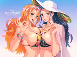 2girls big_breasts bikini bikini_top black_hair blush bracelets breast_press breasts brown_eyes duo ear_piercing eyewear_on_head female female_focus female_only fingernails flower_bikini flower_pattern gradient_background hat huge_breasts jewelry long_hair nami nico_robin ok_sign one_piece orange_hair partially_clothed post-timeskip shounen_jump summer_hat sunglasses_on_head symmetrical_docking tongue tongue_out yohkn3 yuri