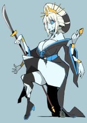 1girls 2026 4_arms after_transformation alternate_version_available armband armbands bare_shoulders big_breasts black_boots black_kimono blue_eyes blue_lips blue_lipstick boots cleavage clothed clothed_female clothing crossed_legs crossing_legs eyeshadow fate/grand_order fate_(series) female female_only four_arms hair_ornament heeled_boots holding_pipe holding_weapon implied_transformation japanese_clothes japanese_hairstyle kimono light-skinned_female light_skin light_skinned_female lipstick long_black_boots makeup morgan_le_fay_(fate) multiple_arms naginata nikujuu_uc ooku_maidservant_(fate/grand_order) pink_eyeshadow pipe post-transformation solo solo_female thick_thighs tied_up_hair transformation weapon white_hair wide_hips