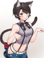 animal_ear_fluff animal_ears bare_shoulders black_bow black_bowtie black_hair black_panties blue_eyes blue_shorts blush bow bowtie breasts cat_ears cat_girl cat_tail clothing_cutout cropped_shirt female grey_shirt highres hip_vent hololive hololive_gen_2 hololive_japan lace lace-trimmed_panties lace_trim looking_at_viewer medium_breasts navel oozora_subaru oozora_subaru_(suspenders) open_mouth panties panty_peek paw_pose pinstripe_pattern pinstripe_shirt shirt short_hair shorts sleeveless sleeveless_shirt solo striped suspender_shorts suspenders swept_bangs tail underwear virtual_youtuber white_background yuya_(yuya_illust)