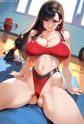 1girls 2d ai_generated big_breasts black_hair female female_focus female_only final_fantasy final_fantasy_vii gym indoors large_breasts legs_apart long_hair navel panties solo solo_female solo_focus sports_bra sportswear tagme tifa_lockhart