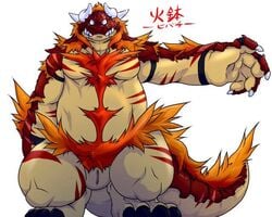 2015 5:4 anthro belly dragon gaf1117 horn humanoid_hands japanese_text kemono male moobs musclegut overweight overweight_male red_body slit solo text white_body yukikazefactory