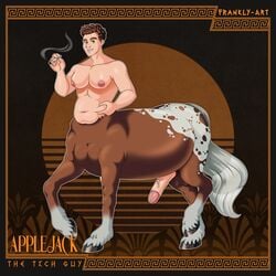 1:1 appaloosa_(marking) applejack_(pholus_reborn) balls belly breasts centaur chode chubby_male drugs equid equid_taur equine erection frankly-art genitals hand_on_stomach hi_res hooves horse humanoid_genitalia humanoid_penis humanoid_taur male male_only mammal mammal_taur marijuana navel overweight overweight_male penis smile smoke solo taur