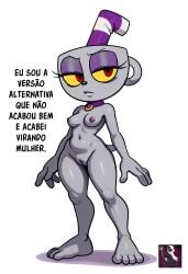 1girls ai_generated barefoot breasts cat_tail cleft_of_venus closed_mouth colored_sclera completely_nude cuphead cuphead_(game) dialogue eyeshadow feet frown full_body furry furry_female gender_change grey-skinned_female grey_skin half-closed_eyes hat makeup medium_breasts nipples notes_translation nude pernalongapirata photoshop portuguese portuguese_dialogue portuguese_text pussy red_eyes rule_63 small_breasts solo solo_focus speech_bubble standing tail text thighs toes watermark white_background yellow_sclera
