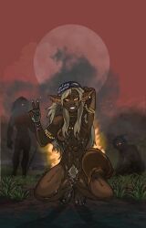 body_writing breasts canine casual dark_body dark_skin earth gesture humanoid_pointy_ears nudist plant pride_colors smile v_sign