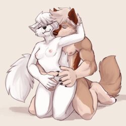 1:1 2021 5_fingers anthro areola breasts brown_body brown_fur canid canine closed_eyes digital_media_(artwork) feet female fingers fur hi_res male male/female mammal nipples seibear sex toes white_body white_fur