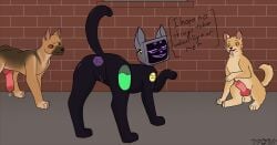 animal_genitalia animal_penis anus ass balls bodily_fluids canid canine canine_genitalia canine_penis canis collar delta_mew_(rankedredpanda) dialogue digital_drawing_(artwork) digital_media_(artwork) domestic_cat domestic_dog english_text erection felid feline felis female feral fur genital_fluids genitals group hi_res humanoid_genitalia humanoid_vulva knot male mammal open_mouth penis precum pussy rankedredpanda robot_feral signature simple_background smile speech_bubble tail teasing text trio vulva