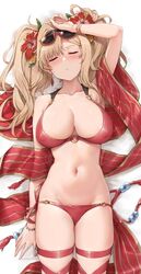 1girls 2021 akita_hika bangs bare_shoulders bikini blonde_hair blush breasts cleavage collarbone eyewear_on_head female female female_focus female_only flower granblue_fantasy hair_intakes hibiscus large_breasts long_hair navel red_bikini solo solo_female sunglasses swimsuit thighs twintails zeta_(granblue_fantasy)