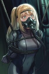 afraid ai_generated blonde-haired_female blonde_female blonde_hair captured captured_female captured_heroine gas_mask samus_aran zero_suit_samus