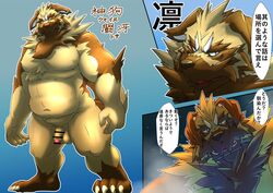 2017 anthro balls belly brown_body brown_fur brown_nose canid canine canis comic domestic_dog flaccid fur genitals hi_res humanoid_genitalia humanoid_hands humanoid_penis japanese_text kemono male mammal mature_male moobs overweight overweight_male penis solo text yukikazefactory