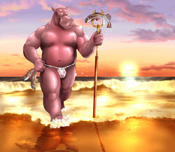 anthro asian_clothing bulge clothing common_hippopotamus east_asian_clothing fish fishing fundoshi gay genitals hippopotamid japanese_clothing looking_at_viewer male mammal marine musclegut muscular penis slightly_chubby solo translucent underwear unknown_artist wet wet_clothing