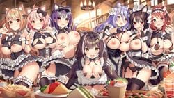 6+girls 7girls ahoge aikawa_misato akusema animal_ears bell black_bow black_bra black_gloves black_hair black_legwear black_skirt blue_eyes blush bow bra bra_lift breast_hold breast_squeeze breasts bridal_gauntlets brown_hair cake cat_ears cat_girl cat_tail chandelier chieru_(princess_connect!) clothes_lift collar covered_nipples cowboy_shot embarrassed extra_ears female food french_fries fried_egg garter_belt gloves green_eyes hairbow highres holding holding_menu hoshino_shizuru ilya_(princess_connect!) ilya_ornstein indoors karyl_(princess_connect!) large_breasts lifted_by_self looking_at_viewer menu micro_bra misato_(princess_connect!) misora_(princess_connect!) momochi_kiruya multicolored_hair multiple_girls nagare_misora neck_bell nipples nozomi_(princess_connect!) omurice pink_hair pizza pointy_ears princess_connect! purple_hair red_eyes sandwich see-through shirt_lift shizuru_(princess_connect!) skin_fang skirt star_(symbol) star_in_eye streaked_hair symbol_in_eye tail thighhighs thighs underboob underwear white_collar white_hair white_wrist_cuffs window