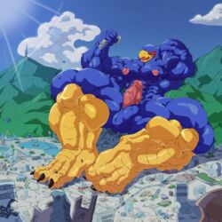 1:1 2021 absurd_res anthro avian balls beak bird blue_body bodily_fluids city cum destruction dong2fm erection falco_lombardi feet genital_fluids genitals hi_res humanoid_genitalia humanoid_penis landscape_dwarfing lying macro male male_only metaball mountain muscular muscular_anthro muscular_male nintendo penis plantigrade solo star_fox train vehicle video_games worship yellow_feet