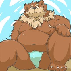 1:1 2014 anthro asian_clothing balls_outline belly black_nose blue_clothing blue_fundoshi blue_underwear brown_body brown_fur bulge clothing detailed_bulge east_asian_clothing fundoshi fur genital_outline hi_res humanoid_hands japanese_clothing kemono male mammal moobs navel nipples one_eye_closed overweight overweight_male sitting solo suishou0602 underwear ursid wink