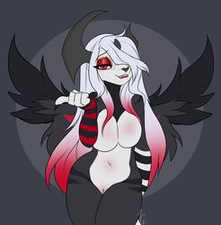 2021 5_fingers absol anthro anthrofied breasts digital_media_(artwork) eyebrows eyelashes featureless_breasts female fingers genitals hair jesterghastly mega_absol mega_evolution nintendo no_nipples pokémon_(species) pokemon pokemon_(species) pokemorph pussy red_eyes smile solo video_games white_hair