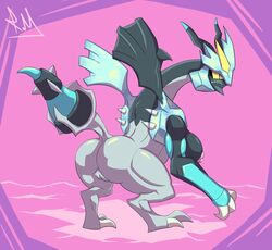 absurd_res anthro ass big_breasts black_kyurem breasts claws digitigrade female genitals hi_res huge_breasts kyurem legendary_pokémon nintendo pokémon_(species) pokemon pussy rear_view rollinlol sharp_teeth solo teeth video_games