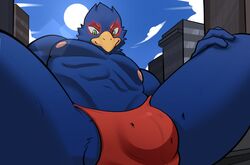 2021 anthro avian balls bird blue_body bulge city clothing falco_lombardi genital_outline genitals hi_res low-angle_view macro male male_only nintendo rygel_spkb sitting solo speedo spread_legs spreading star_fox swimwear video_games worship