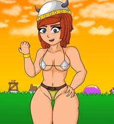 big_breasts blue_eyes bra clash_(series) clash_of_clans clothed clothed_female clothing female female_only fully_clothed fully_clothed_female grass hat helmet looking_at_viewer mouth_open orange_hair outside panties peasant peasant_woman skimpy skimpy_clothes solo solo_focus underwear villager_(clash_of_clans)