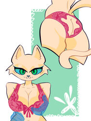 3:4 anus big_breasts blue_eyes bra breasts cheek_tuft clothing confusion domestic_cat facial_tuft felid feline felis female front_view fur hi_res mammal moonrick solo tan_body tan_fur tuft underwear yellow_body