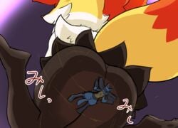 ambiguous_gender anthro ass big_butt black_body black_fur blue_body blue_fur braixen butt_crush butt_focus chest_spike closed_eyes crush crushing dipstick_tail duo female fur hi_res inner_ear_fluff japanese_text larger_anthro larger_female lucario macro markings micro micro_abuse micro_on_macro micro_under_ass mohuringal multicolored_tail nintendo nude pokemon pokemon_(species) rear_view red_body red_fur simple_background sitting size_difference smaller_ambiguous smaller_anthro smile spikes spikes_(anatomy) tail_markings text thick_thighs translated tuft video_games white_body white_fur yellow_body yellow_fur