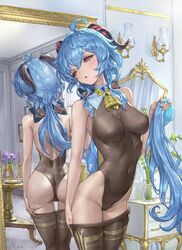 1girls 2021 :o ahoge ass bangs bare_shoulders bell black_legwear black_leotard blue_hair blush breasts clothes_pull commentary_request covered_navel cowboy_shot eyebrows_visible_through_hair female female_only ganyu_(genshin_impact) genshin_impact groin highleg highleg_leotard highres holding holding_hair horns indoors large_breasts leotard light-skinned_female light_skin long_hair looking_back mirror open_mouth ozma pantyhose pantyhose_pull purple_eyes reflection solo thigh_gap vase very_long_hair