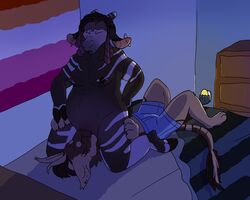 5:4 anthro anthro_only barika_(battycat) battycat bedroom_sex clothing cunnilingus duo ear_piercing facesitting felid female female/female flag giraffid harriet_(battycat) hi_res industrial_piercing lesbian_pride_colors lgbt_pride lion mammal nipple_piercing nipples nude okapi oral pantherine piercing pride_colors sex underwear vaginal_penetration