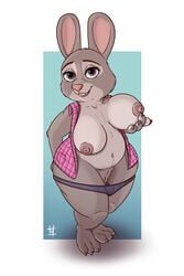 absurd_res anthro big_breasts bonnie_hopps breasts clothed clothing disney eyeshadow female fur furry furry_only grey_body grey_fur hi_res holding_breast huge_breasts hyenatig_(artist) lagomorph leporid looking_at_viewer makeup mammal markings mature_anthro mature_female nipples open_clothing open_shirt open_topwear overweight overweight_anthro overweight_female panties panties_down partially_clothed purple_eyes pussy rabbit shirt simple_background slightly_chubby solo topwear underwear underwear_down wide_hips zootopia