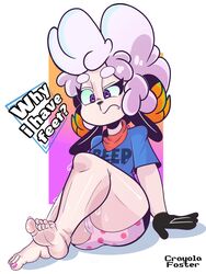 3:4 absurd_res bovid caprine clothing colored_nails crayola_foster feet female genitals hi_res humanoid mammal nails pattern_background purple_eyes pussy sheep shirt simple_background solo t-shirt text thick_thighs tofu_(crayola_foster) topwear