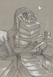 anthro apode book cadmiumtea container cup draconcopode drawing eyewear eyewear_only female genitals glasses glasses_only heart hi_res holding_object legless monochrome naga nude pillow pussy reptile scalie sepia serpentine snake solo stack steam traditional_media_(artwork)