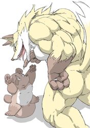 2021 anthro ass balls big_balls canid canine duo fox genitals humanoid_genitalia humanoid_hands humanoid_penis kemono male mammal meg_hoi micropenis muscular muscular_male penis raccoon_dog simple_background size_difference slightly_chubby small_penis tanuki tongue tongue_out white_background