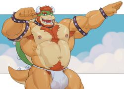 2021 anthro armband armpit_hair asian_clothing bara barazoku beard belly biceps big_muscles bodily_fluids body_hair bowser bracelet bulge clothing cloudscape collar east_asian_clothing eyebrows facial_hair flexing fundoshi hair hairy happy_trail hi_res horn huge_muscles imato japanese_clothing jewelry koopa looking_at_viewer male male_only mario_(series) muscular muscular_anthro muscular_male navel nintendo nipple_piercing nipple_ring nipples non-mammal_nipples obliques open_mouth open_smile pecs piercing pubes scalie shell sky smile solo solo_male spiked_armband spiked_bracelet spiked_collar spiked_shell spiked_tail spikes spikes_(anatomy) standing sweat underwear video_games