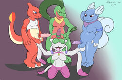 accessory animal_genitalia anthro anthrofied ball_fondling ball_grab balls balls_on_face blue_balls blue_body charmeleon claws clothed clothing daison_the_fox fan_character feet female fondling genitals green_balls green_body group grovyle happy kneeling male male/female meme mienshao multicolored_body nintendo nude partially_clothed penis penis_accessory pokémon_(species) pokemon pussy red_balls red_body scalie scarf shell-less shiny_pokémon slightly_chubby these_aren't_my_glasses two_tone_body video_games wartortle