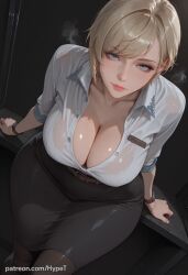 ai_generated alternate_version_at_source black_skirt blonde_hair breasts cleavage female female_only hypet indoors leaning_forward medium_breasts office pantyhose pencil_skirt resident_evil resident_evil_9:_requiem sherry_birkin shiny shiny_skin simple_background steam steaming_body tagme thick thick_ass thick_legs thick_thighs thighs white_shirt wide_hips
