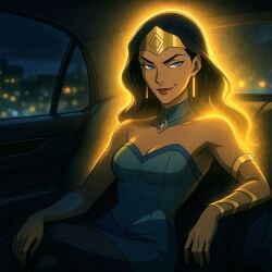 1girls ai_generated aqua_detached_collar aqua_dress arabian_female armlet bare_arms bare_shoulders black_hair black_legwear black_pantyhose blue_eyes bracelet breasts brown_lipstick car car_interior city cityscape cleavage closed_mouth crossed_legs crossed_legs_(sitting) dark-skinned_female dark_skin dc dc_comics detached_collar dress earrings female_only female_solo glowing glowing_body gold_armlet gold_bracelet gold_earrings gold_jewelry half-closed_eyes indoors jewelry legwear lips lipstick long_hair looking_at_viewer makeup medium_breasts naughty_face neck night night_sky pantyhose queen_bee_(dc) short_dress sitting sky smile solo_female straight_hair strapless strapless_dress supervillainess thesirenspell tiara villainess young_justice