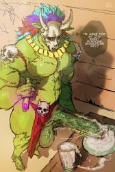 1boy big_penis black_eyes colored cum_in_a_cup cum_on_penis cum_on_plate cum_on_table cum_string feathers feet gold_necklace green_scales hand_on_penis horn inside jewelry loincloth long_penis looking_down male_only mask multicolored_hair muranoshisoka partially_clothed pecs pink_glans pointy_ears potion red_clothing shaded skull solo solo_male terraria test_tube text thought_bubble thoughts veiny_balls veiny_penis wide_hips witch_doctor_(terraria)
