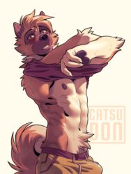 1boy 3:4 akita akita_inu anthro areola athletic athletic_anthro athletic_male biped blush bodily_fluids body_hair bottomwear brown_body brown_eyes brown_fur bulge canid canine canis catsudon claws clothed clothing domestic_dog dripping erection erection_under_clothes finger_claws fur happy_trail looking_at_viewer male male_only mammal navel nipples partially_clothed shorts simple_background solo spitz sweat tako_(catsudon) tenting undressing