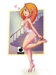 1girls blue_eyes disney disney_channel dress feet female female_focus female_only ginger_hair high_heels kim_possible kimberly_ann_possible linkartoon looking_at_viewer orange_hair silver_dress simple_background solo solo_female solo_focus stiletto_heels thighs very_high_heels