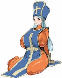 1girls 2013 4:5 :d blue_hair bodysuit breasts brown_gloves clothing cross dragon_quest dragon_quest_iii female female_only full_body gloves hat highres huge_breasts jewelry large_breasts leaning_back long_hair looking_at_viewer mitre nipple_bulge nun open_mouth orange_bodysuit poin priest priest_(dq3) red_eyes simple_background sitting skin_tight smile solo tabard thick_thighs thighs tongue white_background yokozuwari