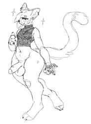 2021 4_fingers anthro balls big_balls biped bottomless circumcised claws clothed clothing crop_top crop_top_only digital_drawing_(artwork) digital_media_(artwork) digitigrade domestic_cat ear_piercing feet felid feline felis finger_claws fingers full-length_portrait fur genitals glans hair half-erect humanoid_genitalia humanoid_penis looking_at_viewer male mammal monochrome monotone_background navel navel_piercing paws penis piercing portrait shirt simple_background slendid smile solo standing topwear whiskers white_background