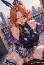 1boy ai_generated animal_ears artist_name bare_shoulders battle_bunny_miss_fortune battle_bunny_series black_gloves black_leotard blush breasts clothed_sex covered_collarbone covered_nipples cowgirl_position fake_animal_ears female fingerless_gloves futarush gloves grey_thighhighs jacket large_breasts league_of_legends leotard long_hair looking_at_viewer miss_fortune off_shoulder orange_eyes orange_hair patreon patreon_username penis ponytail pov pussy rabbit_ears riot_games sarah_fortune sex shiny_clothes shiny_skin skirt straight sultryspark thighhighs uncensored vaginal_penetration