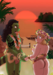 anthro areola asian_clothing ass beach black_nose blonde_hair blue_eyes boat bottomwear breasts brown_hair clothed clothing duo east_asian_clothing evening female flower flower_crown flower_necklace fur green_body green_scales grey_stripes hair hut island jen_(rhazzazor) lei lizard loincloth long_hair long_tail love male male/female mammal markings missebony nipples plant polar_bear rear_view red_eyes reptile romantic romantic_ambiance romantic_couple romantic_sex scales scalie seaside sex short_tail shrub side_boob side_nipple skimpy slightly_chubby smile story story_at_source story_in_description stripes sunset tama_(rhazzazor) tattoo thong tree tribal tribal_markings tribal_tattoo underwear ursid ursine vehicle village watercraft wedding wedding_night white_body white_fur