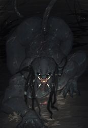 2d 2d_(artwork) alien ass big_butt big_muscles big_pecs crawling cupcake_(parasytal) dark_body dark_skin hair hi_res hissing long_hair long_tail looking_at_viewer male muscular muscular_male muscular_thighs parasytal pecs plant predator_(franchise) pupils scar showing_teeth solo tail thick_thighs water watermark white_pupils yautja