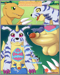 agumon animal_skin anthro balls bandai_namco belly bodily_fluids breath dialogue digimon digimon_(species) duo english_text erection foreskin gabumon genital_fluids genitals hi_res horn humanoid_genitalia humanoid_penis hypnosis male male_only mind_control moan panting penis plushie plushophilia precum shadowpelt slightly_chubby text