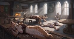 2025 5girls ai_generated amazing_background anthro blurred_background bodily_fluids bottomless breasts broom cleaning_tool clock clothed clothing countershading cum cum_drip cum_dumpster cum_everywhere cum_from_pussy cum_in_pussy cum_inside cum_on_arm cum_on_belly cum_on_body cum_on_breasts cum_on_clothing cum_on_face cum_on_ground cum_on_leg cum_on_table cum_string depth_of_field detailed_background digitigrade dripping drooling english_text excessive_cum excessive_genital_fluids fantasy felid feline female female_anthro female_only feylinn_(midria) fireplace furniture furry genital_fluids genitals green_body green_scales group hi_res horn horn_jewelry horn_ring inside jewelry kobold kobold_(midria) leaking_cum light light_beam lying lynx mammal medieval messy morning nano_banana necklace on_back on_side on_table one_breast_out open_mouth overland_kobold_(midria) painting_(object) pawpads public pussy ring_(jewelry) saliva scales scalie scarf sleeping social_nudity spread_eagle stone_floor stool sunbeam sunlight table tagme tavern terraraptor text upset white_body white_countershading white_horn window_light world_of_midria yellow_eyes